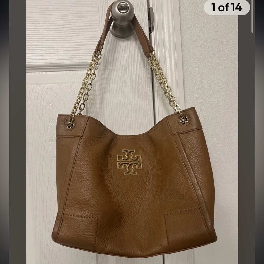 Tory Burch Logo Chain Tote Bag Shoulder Tote Bag leather Brown Women